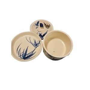 Asian Vintage Trinket Box with Tray. Blue and Ivory Botanical Print.